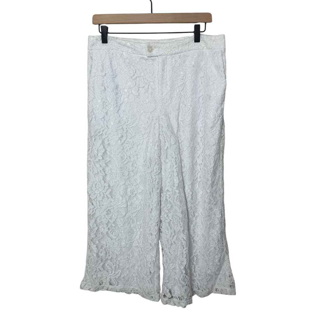 Boston Proper‎ Lace Wide Leg Cropped Pants Women's Size 14 White Resortwear
